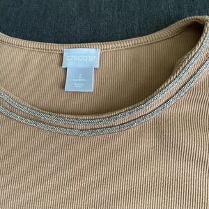 Cotton Ribbed Long Sleeved Tee With Embellished Neckline.